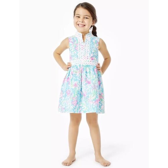 Lilly Pulitzer GIRLS MINI FRANCI DRESS Coral Bay Small Blue Pink Size 14 Preppy - Picture 1 of 8